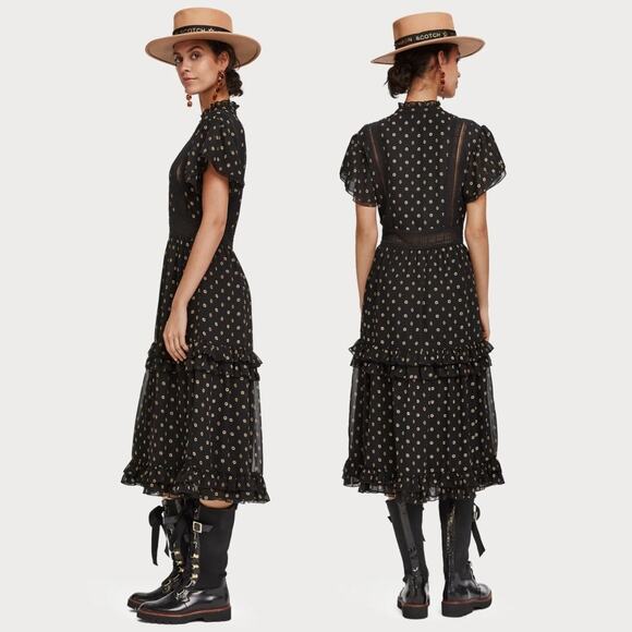 SCOTCH & SODA Tasha Ruffle Midi Dress Cottagecore Boho Black Cocktail Wedding M - Picture 2 of 15